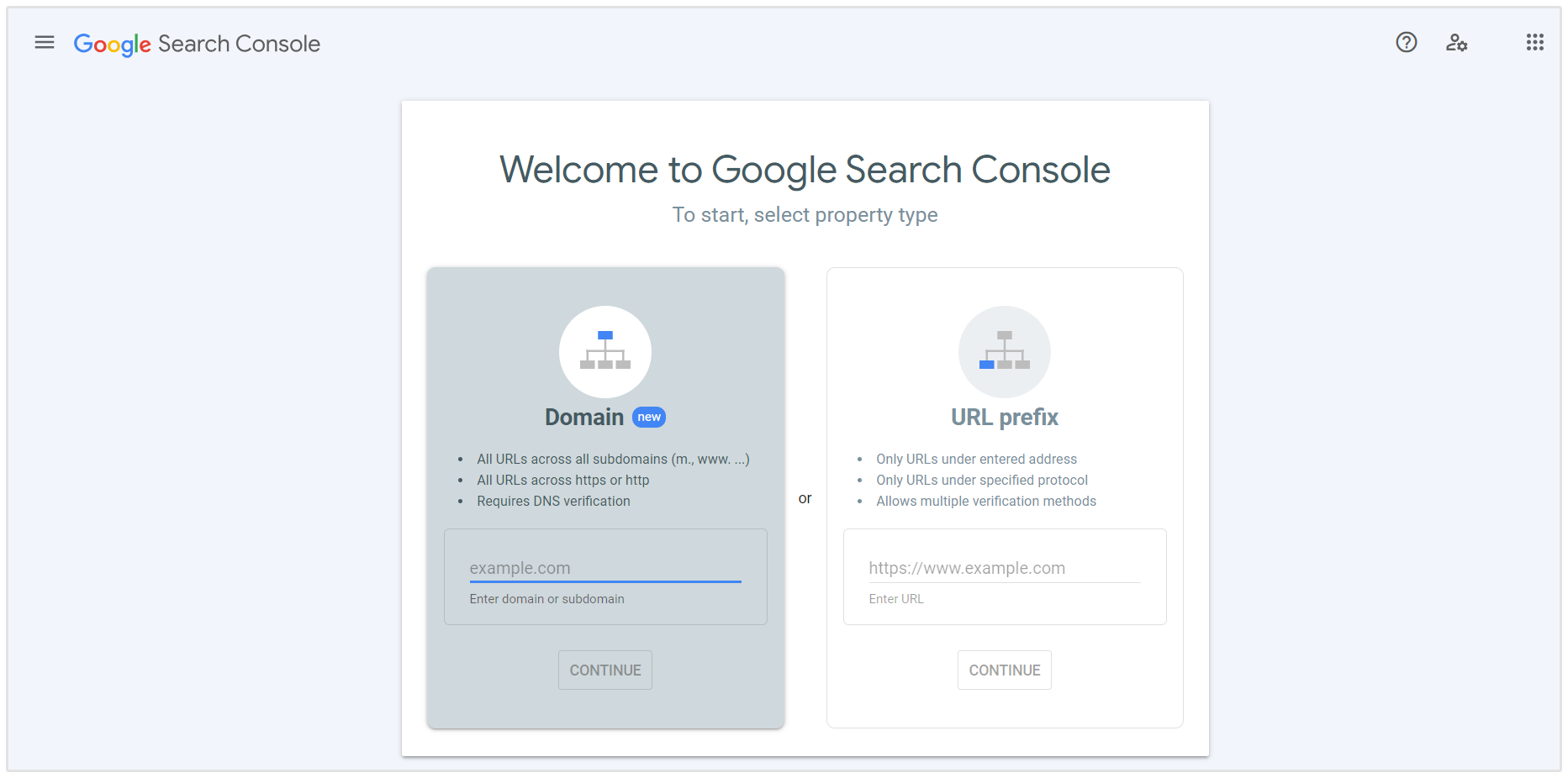 Seleziona il tipo di proprietà in Google Search Console